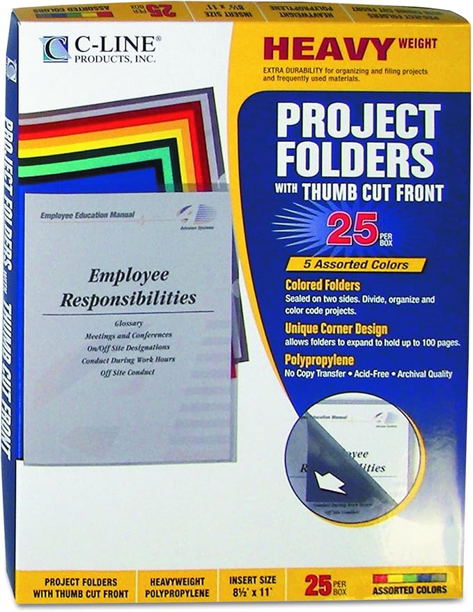 C-Line Colored Project Folders, Heavyweight Poly, Holds Materials up to 8.5 x 11 Inches, Assorted Colors, 25 per Box (62130), Letter Size (Pack of 2)