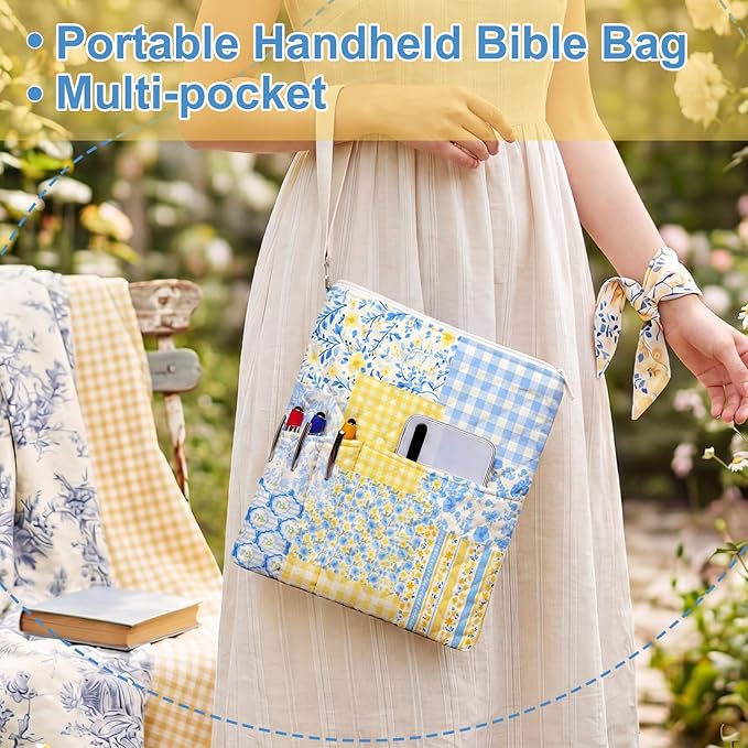 Gilprop Blue Yellow Spliced Bible Book Sleeve with Zipper 11" x 9" Padded Protector Washable Quilted Book Covers Printed Bible Pouch with Handle Pockets Protector for Books Lover Christian Gifts