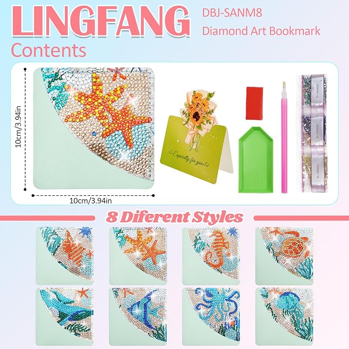 8 Pcs Diamond Painting Bookmark, DIY Corner Book Makers for Adults Book Lovers, Diamond Dot Art Beginner, Small Diamond Art Kits, Paint by Art Crafts Gift for Women Girls (Sea Animal 8)