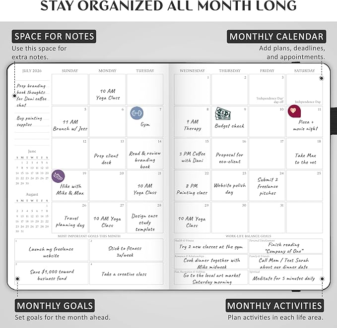 Legend Dated Hourly Weekly Planner 2026 – Daily, Monthly & Yearly Agenda with Time Slots – Hardcover Organizer Journal, 5.8x8.3” (Black)
