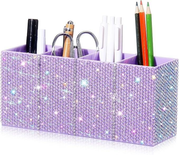 Bling Desk Organizer for Women, Rhinestone Pen Makeup Brush Holder, Girly Desk Accessories Organizer for Office Classroom Elevate Your Workspace with Serenity(Rhinestone,Purple)