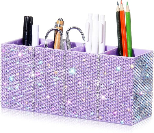 Bling Desk Organizer for Women, Rhinestone Pen Makeup Brush Holder, Girly Desk Accessories Organizer for Office Classroom Elevate Your Workspace with Serenity(Rhinestone,Purple)
