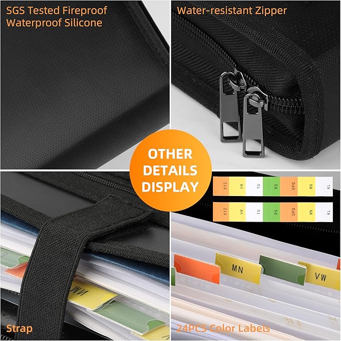 JUNDUN Accordion File Organizer - Fireproof Accordion Folder with Zipper & Labels - 13 Pocket Expanding File Folder with Multi-Pockets Document Organizer Folder for Letter A4 Files | Receipt and More