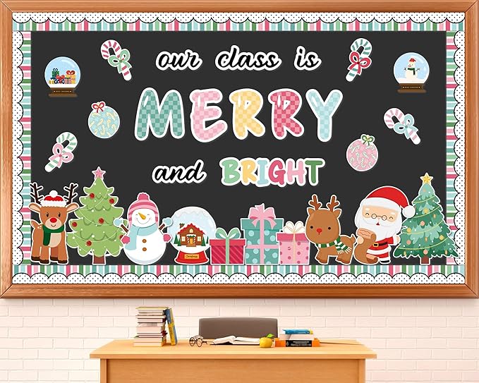 Christmas Classroom Bulletin Board Decorations Santa Xmas Tree Snowflake Cutouts Our Class is Merry and Bright Paper Cutouts Xmas Classroom Decor for Wall Chalkboard Decor Supplies