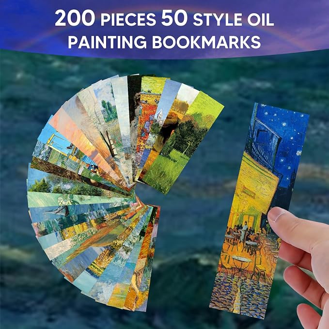 200 Pieces Oil Paintings Bulk Bookmarks, 50 Designs Art Painting Book Marks for Students Double Sided Cute Book Mark for Book Lovers Themed Book Marks for Children Students Classroom Gift for Teacher
