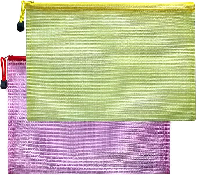 Mesh Document Bag Set of 10, Waterproof Zipper Pouch / A4 Size Zip File, for Household Daily Storage School Office M-D-2B (Red & Yellow (2 Pcs), A4 (13.5×9.5 Inch))