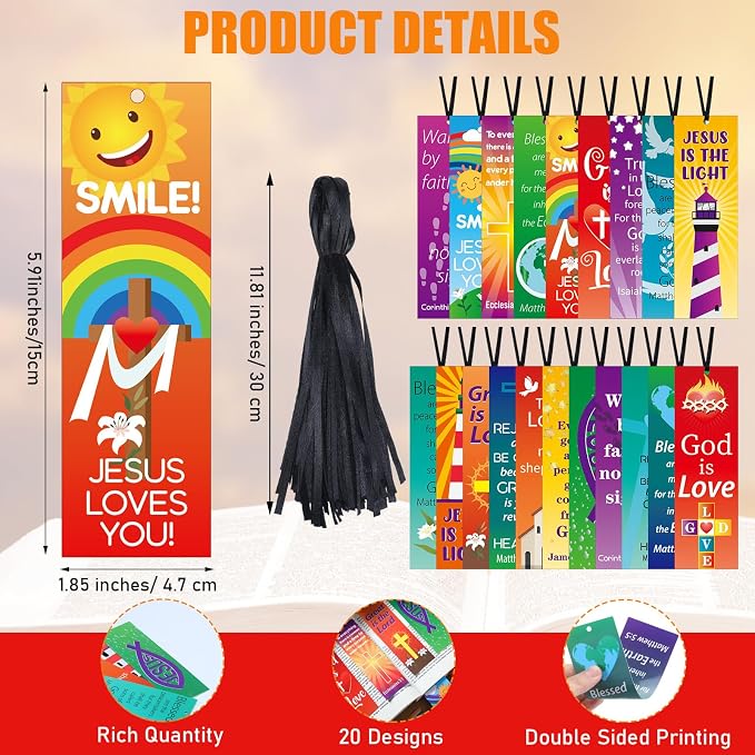 PerKoop 60 Pcs Christian Bookmarks Bulk Religious Bible Verse Bookmarks VBS Gifts with Motivational Scriptures for Vacation Sunday School Reading Supplies Gifts