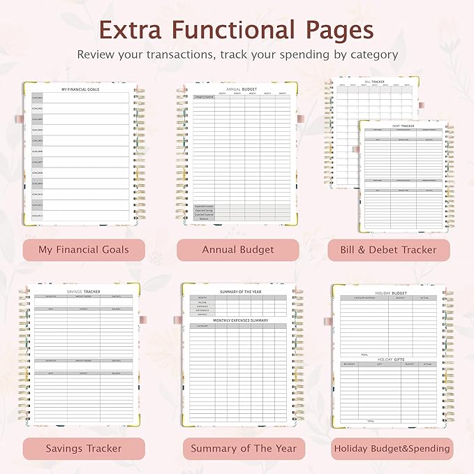 Ospelelf Budget Book Planner 8.5"x11" Large Size Undated Monthly Bill Payment Tracker Organizer Account Financial Planners with Clipboard Pockets Stickers 12 Months Productivity Aesthetic Pink Flowers