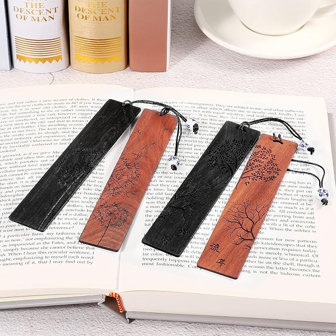Outus 4 Pieces Wooden Bookmarks for Men Women Employee Father's Day Appreciation Gifts for Men Back to School Gifts Vintage Handmade Natural Carving for Book Lovers Birthday(Plant Style)