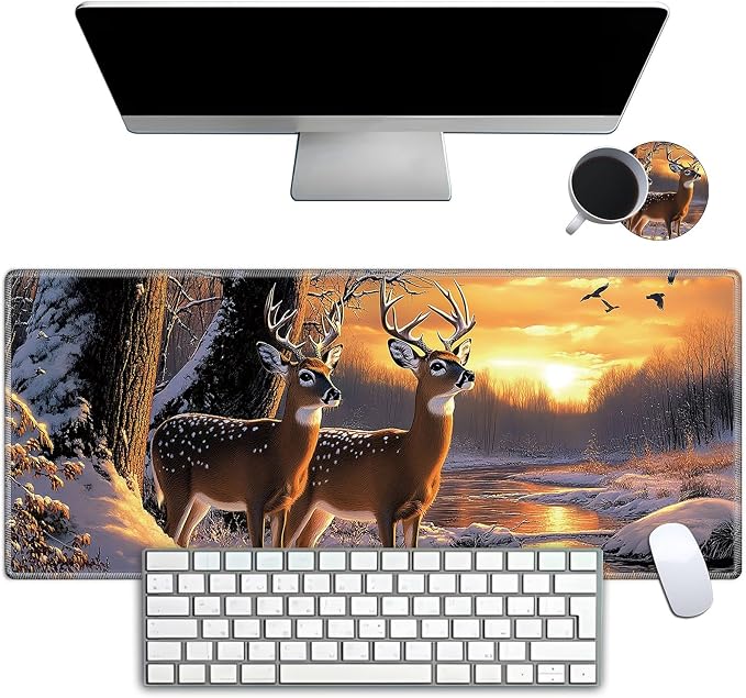 Mouse Pad Gaming Mousepad 31.5x11.8 Inch XXL Large + Coasters,Desk Mat with Stitched Edges, Non-Slip Rubber Base, Thick Mouse Pad for Computer, Laptop, Office & Home - Deer