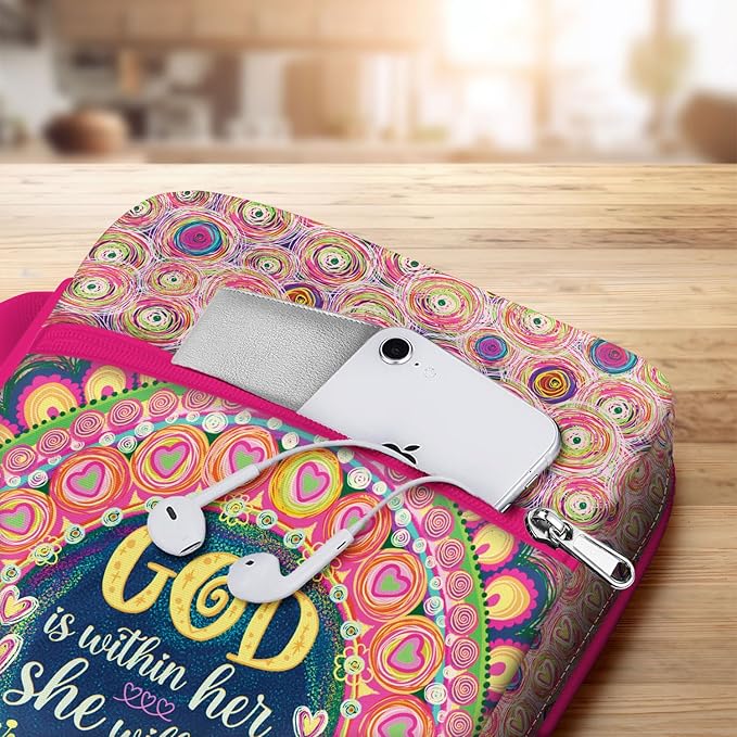 God Is Within Her Bible Cover for Women, Scripture Bible Case with Handle and Zipper Pocket, Canvas Bible Bag Fits Standard Size, Christian Gift for Girls, Church Use, Bible Study Organizer