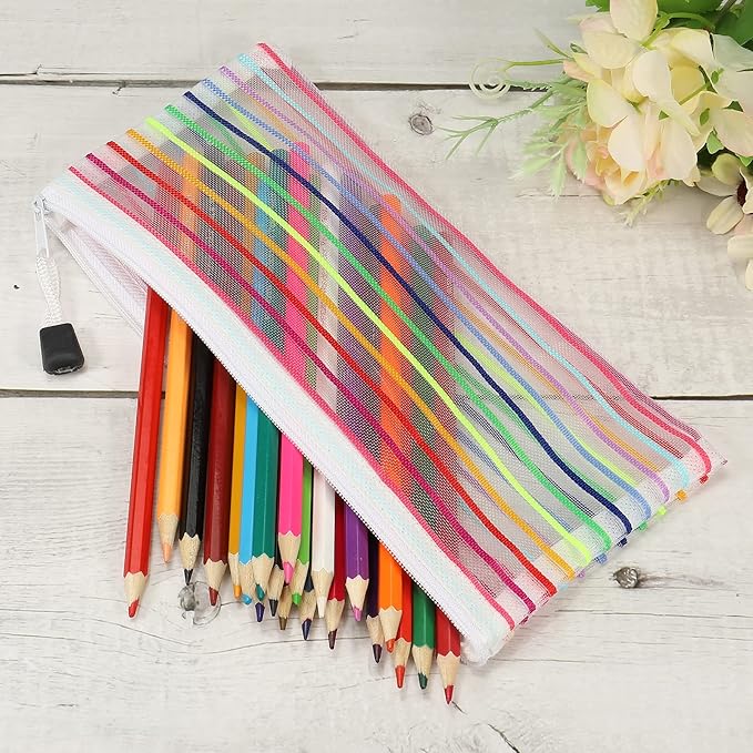 MECCANIXITY Mesh Zipper Pouches, B6 Colorful Pencil Case Document File Bags Storage Organizer for Office Supply Travel Accessory, White Pack of 6
