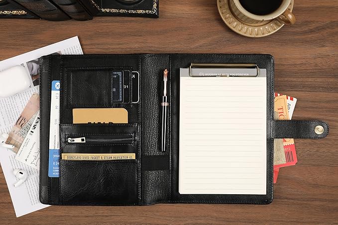 DUKE&COW Small Portfolio Binder with Clipboard - A5 Binder Padfolio for Men - Oil Black - Custom