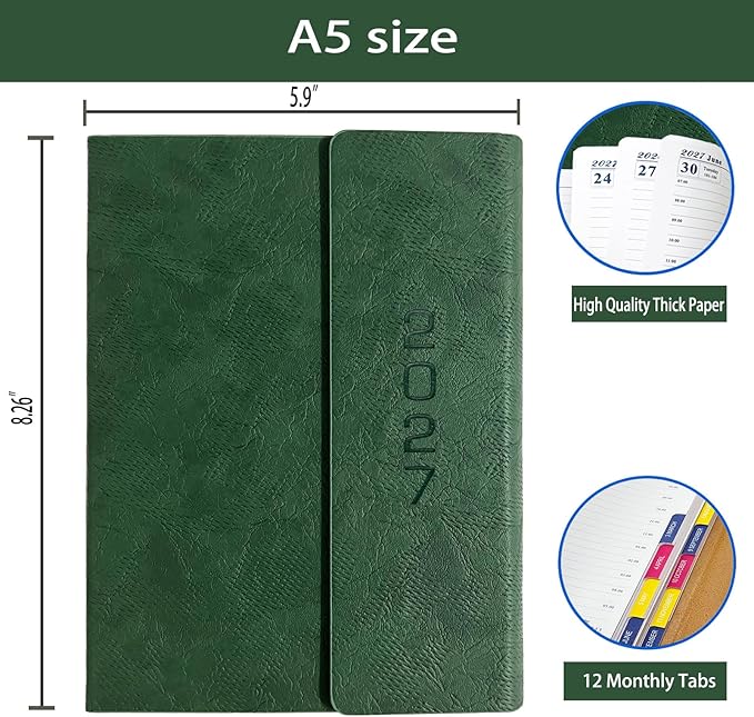 2027 Daily Planner -One Page per Day, Appointment Book 2027, Hourly Daily & Monthly Planner with Tabs(Jan-Dec 2027), 8.26'' x 5.9'' Calendar Planner, Leather Cover + Thick Paper (Green)