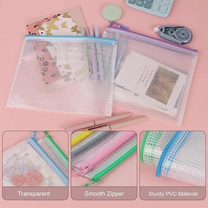 Multibey 10 Pack 10 Colors Mesh Zipper Pouch Bags, A5-9.5 x 7.3 Inch Waterproof Mesh Stoage Pouch for Organizer, Plastic Zip Bags Small Mesh Pouch for School Office Home Travel Storage