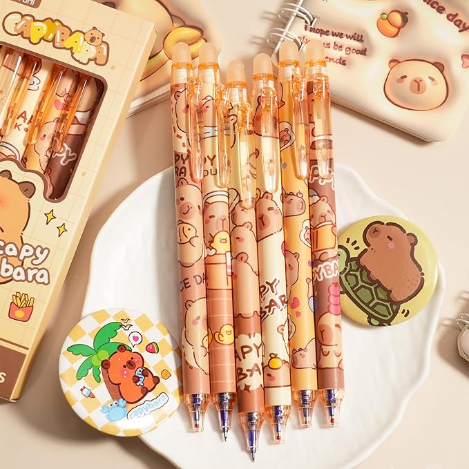 12-Pack Cute Erasable Pens, 0.5mm Fine Tip Blue Ink Retractable Pen, Adorable Capybara Stationery Set, Ideal for Office, School, Women and Men (Blue Ink - Capybara)
