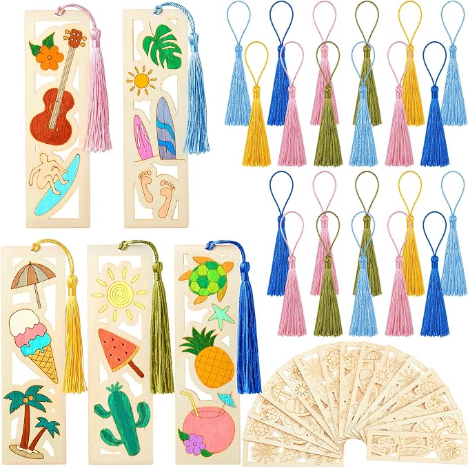 Yexiya 100 Pcs Bulk DIY Wooden Bookmarks Kit - 50 Set Tropical Hawaii Unfinished Wood Crafts with 50 Colorful Tassels for Classroom Rewards, Student Gifts, Summer Camp, Luau Party Favors, Art Projects