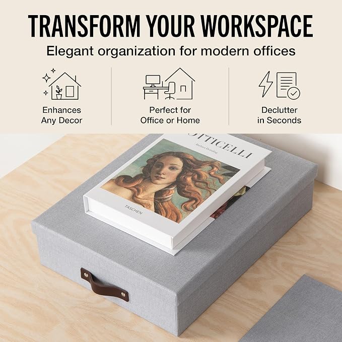 Bigso Oskar Canvas Fiberboard Document Letter Box | File Organizer Document Box for Important Paperwork | Document Storage Box with a Lid & Leather Handle | 3.3″x10.2″x13.8″ | 3 Pack | Ash