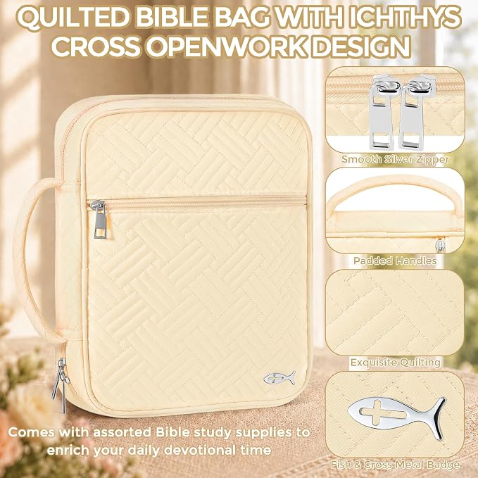 XKDOUS Bible Cover Case for Women, Large Bible Cover with Durable Handle, Washable Quilted Bible Case, Bible Study Supplies & Christian Gifts for Mom, Women, Men (Light Yellow)