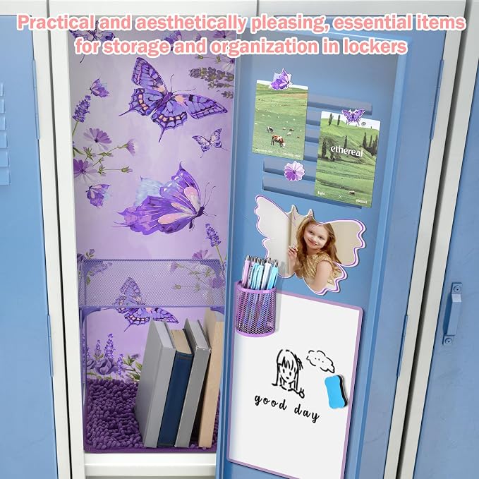 18 Pcs Purple Butterfly Locker Accessories Kit for Girls Back to School Essentials with Magnetic Wallpaper Shelf Mirror Pen Holder Dry Erase Pen Rug Nails Locker Decorations for Office School Supplies