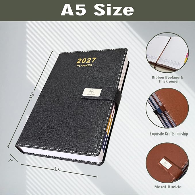 2027 Daily Planner – One Page Per Day, 12-Month Calendar (Jan–Dec 2027), Hourly Appointment Book, 5.7" x 8.26" Leather Cover, Thick Paper – Hourly, Daily & Monthly Organizer (Black)