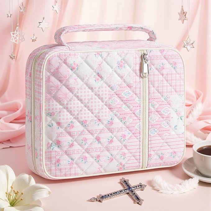 shirabags Quilted Bible Cover Case for Women - Elegant Cotton Bible Bag for Study, Church, Christian Gifts for Women (Pink Floral Bow Patchwork, M)