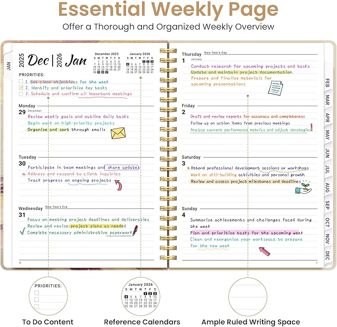 2026 Planner, Weekly and Monthly Planner for Women, Jan 2026 - Dec 2026 Pretty 2026 Calendar Planner with Monthly Tabs, Inner Pocket, Spiral Binding, Perfect for Office Home School - 6.3" x 8.5", Landscape