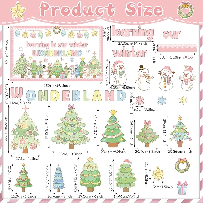 Christmas Bulletin Board Pastel Xmas Tree Paper Cutouts Winter Wonderland Bulletin Board Decorations for School Classroom Home Chalkboard Wall Door Decor Christmas Winter Holiday Party Supplies