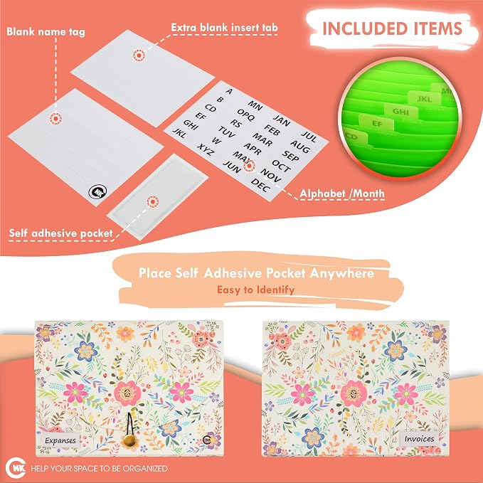 CNK File Folders Organizer with 13 Pockets Accordion Expanding Folder Documents Receipt Document Paper Pocket Filing Accordian Important Expandable Holder Files Alphabetical Labels Letter