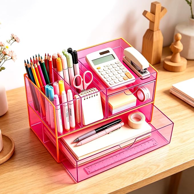 Desk Organizer with Drawers Acrylic Desktop Organizer Pen Holder Caddy for Office Supplies Makeup Organizer for Vanity, Neon Pink