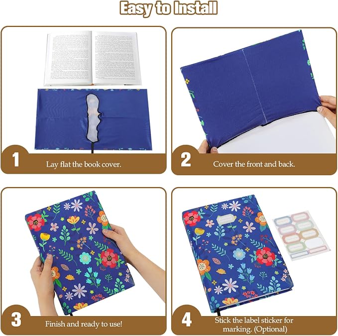 MoKo Book Cover, Stretchable Reusable Jumbo Book Cover Protector for Textbook Hardcover Books up to 9x11 in, Fabric Books Sox, Back to School Supplies, 7 Pcs, Flowers