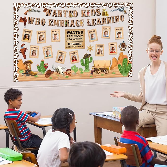 gisgfim Western Cowboy Bulletin Board Decorations Wanted Kids Who Embrace Learning Classroom Posters Paper Cutouts Bulletin Board Set for Teacher Student Back to School Chalkboard Party Decor Supplies