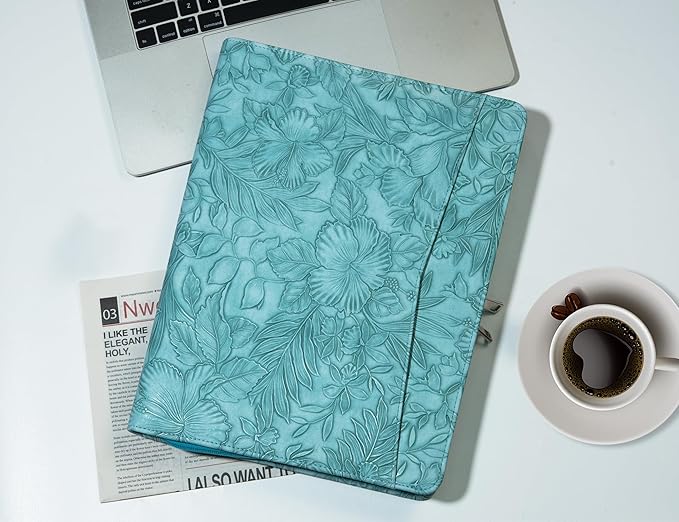 AZXCG Free Engraved Name, Personalized Padfolio Folio, Embossed PU Leather Portfolio with Zipper, Professional Document Organizer with A4 Notepad Holder, Gift for Women/Men, Customized(Light Blue)