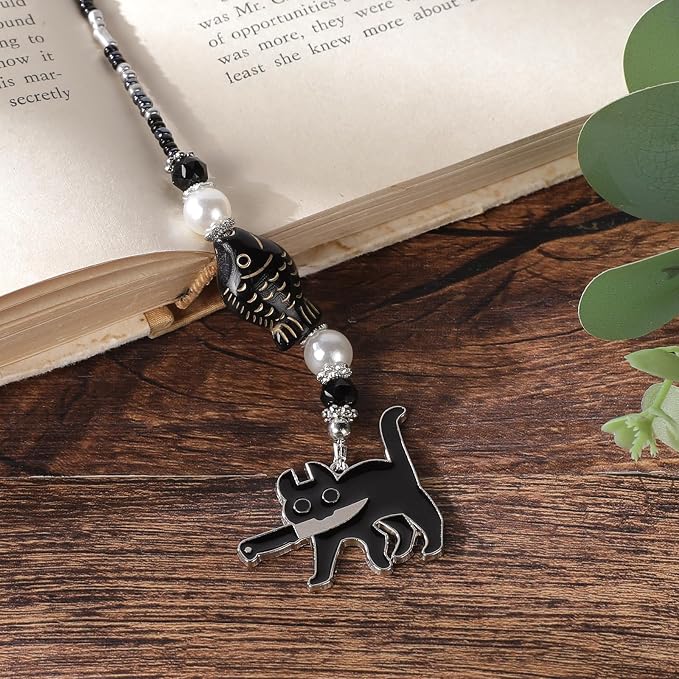 Black Cat Beaded Bookmark - Fantasy Cute Cats Crystal Bead Chain Bookmark, Catchain Pendant, Book Marks Gifts for Books Lovers Students Teacher Office School Supplies