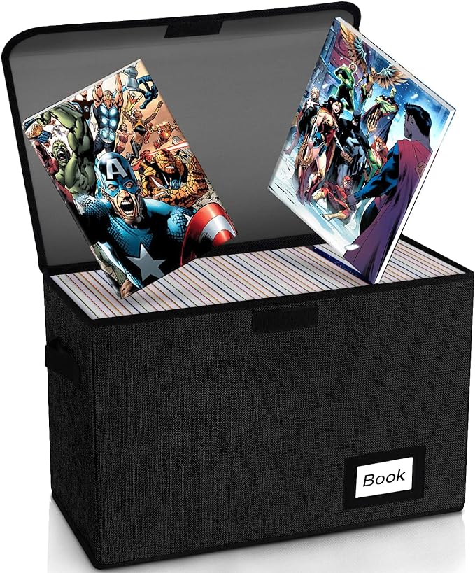 Comic Book Storage Box 15.8" X 7.8" X 11.8", Collapsible Holds 160-180 Comic Book Organizer Heavy Duty Bin Container Holder Shelf (Black)