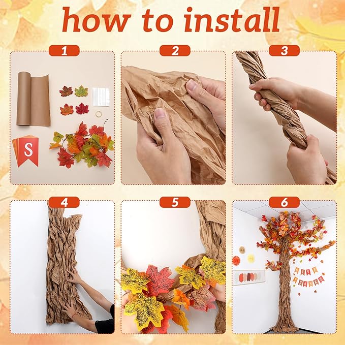 Thanksgiving Classroom Tree Bulletin Board Set Fall DIY 3D Kraft Craft Cardboard Tree with Simulated Maple Leaves Thanks Giving Banner Wall Decor for Autumn Rustic School Elementary Teacher Chalkboard