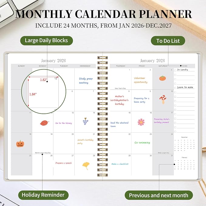 2026-2027 Monthly Planner - Jan. 2026 - Dec. 2027, 2 Year Calendar 2026-2027 Monthly Planner, 7.5" x 10", 24 Months Calendar with Note Pages, Twin-wire Binding, for Office, School Home Planning - Beige