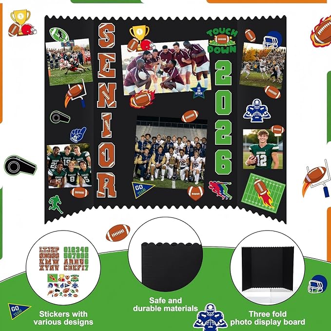 Tinlade 3 Set Football Senior Night Gifts Senior 2026 Photo Display Board 24" x 16" Trifold Poster Board with Football Themed Stickers for Graduation Picture Frame Sport Theme Party Supplies