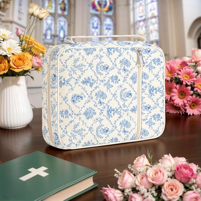 WOBAGMEN Bible Cover Case for Women,Cordoury Bible Cover with Handle,Blue Bible Book Cover,Carrying Case Bible Protective Christian Gift(Vintage Blue, M)