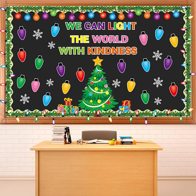 Christmas Tree Snowflake Paper Cutouts with Light Bulb Cutouts Set for Holiday Winter Wall Chalkboard Decor