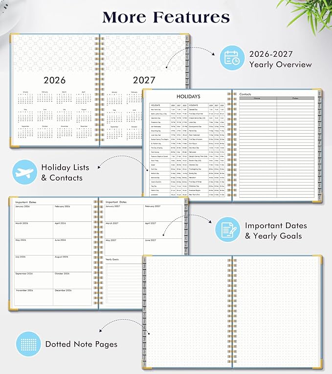 Planner 2026-2027, 18 Months Weekly and Monthly Hardcover Planner, January 2026 - June 2027, 5.75" x 8.38" A5 Daily Calendar Planner Book with Tabs, Spiral Yearly Agenda Organizer Notebook for School Work Home, Sky Blue