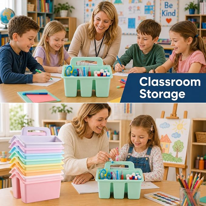 gisgfim 8 Pack Classroom Caddy Storage Basket with Handle 4 Compartment Storage Caddy Plastic Arts Crafts Caddies Protable Classroom Craft Caddies for Kids Schools Art Craft Supplies(Pastel)