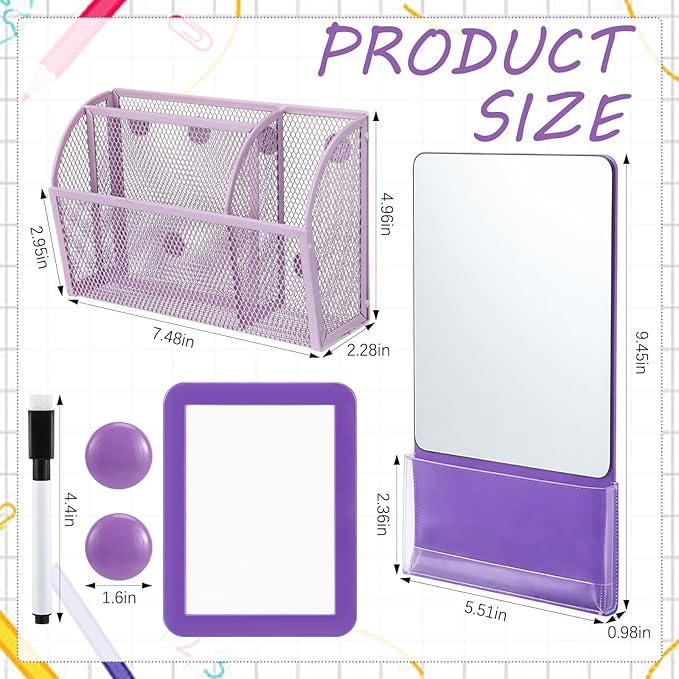 Fuyoooo Magnetic Locker Accessories Back to School Essentials Include Magnetic Mirror with Holder Magnet Mesh Pen Holder Small Whiteboard and Magnet for Office School Locker Organizer(Classic,Purple)