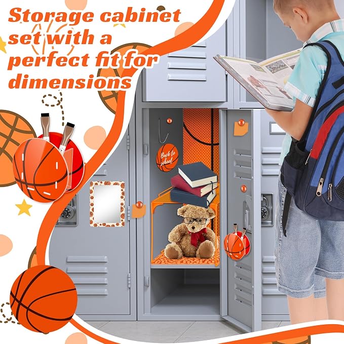 Demonwer 14 Pcs Locker Accessories Kit Basketball Themed Locker Organizer Magnetic Whiteboard Mirror Pen Holder Basketball Stickers for Back to School Essentials Locker Decorations