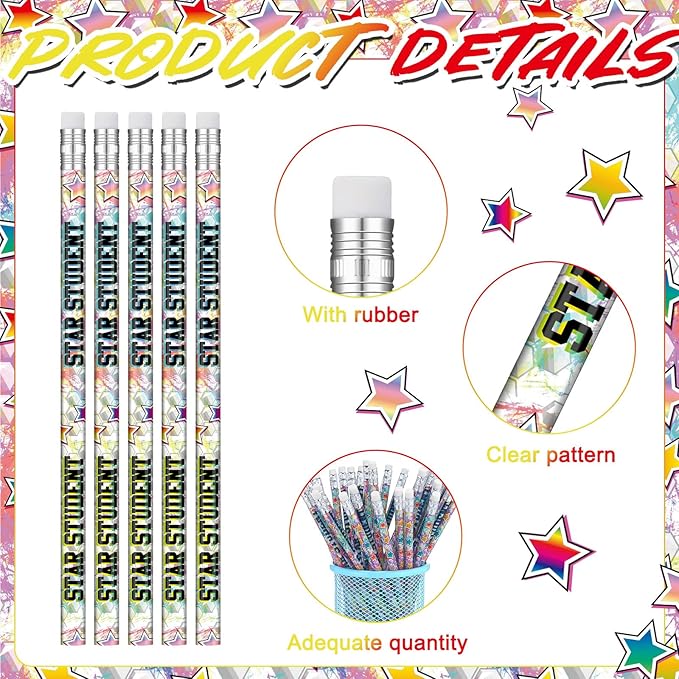 Tenceur 100 Pcs Star Student Motivational Pencils with Erasers Bulk 7.3 Inches Incentives Recognition Education Award Prize for Teacher School Classroom Reward Supplies