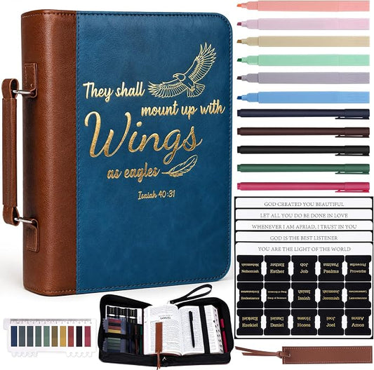 XKDOUS 20 Pcs Bible Cover Kit for Men Leather Book Carrying Case Church Bag Holder with Handle, Tabs, Pens, Study Supplies Christian Gift Father Day for Dad, Mom, Women, Friends
