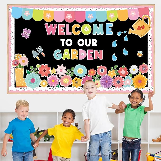 Spring Theme Bulletin Board Flower Welcome to Our Garden Positive Bulletin Board Set Wildflower Classroom Decorations Colorful Floral Cutouts for Nursery Chalkboard Window Wall Door Home Office Decor