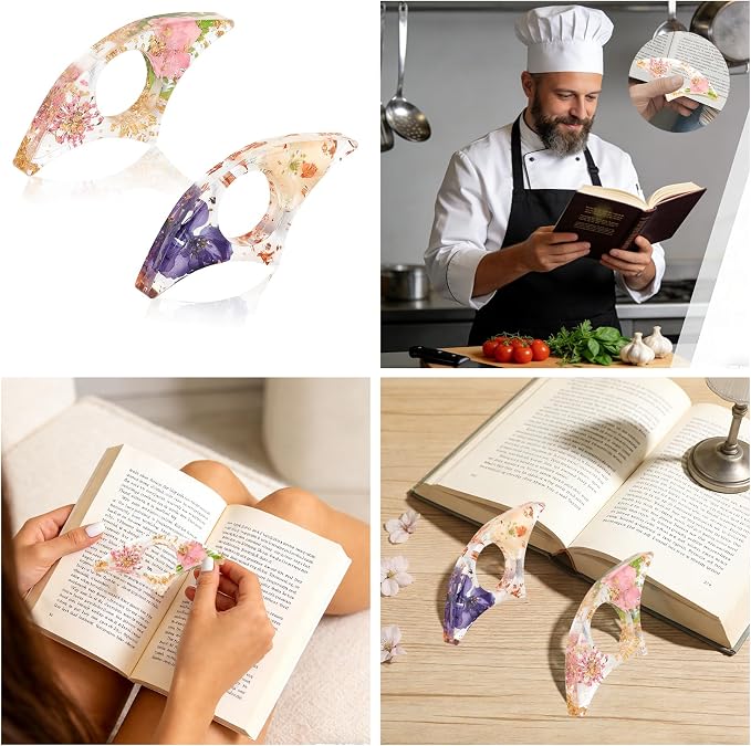 2 Pcs Thumb Book Page Holder Dried Flower Resin Book Page Holder Bookmark Reading Accessories for Book Lovers Transparent Book Opener Holder Bookmarks Gifts for Books Lovers Readers Students Teachers