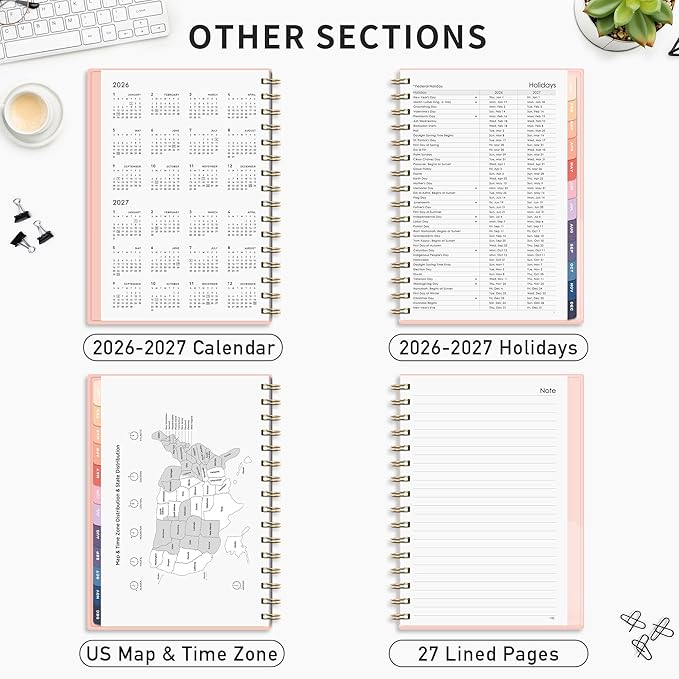 RETTACY 2026-2027 Monthly Planner, Jan 2026 - Dec 2027, Large Size (8.5" x 11"), Agenda, Calendar, 24 Month Tabs, Flexible Plastic Cover, 100 GSM Thick Paper, Spiral-bound (Pink)