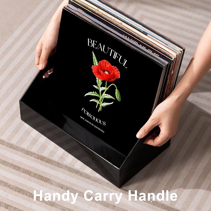 eletecpro No Assembly Acrylic Vinyl Record Storage with Handle, Holds up to 40 LPs, Multifunctional Record Holder Crate for Storing Album Covers, Modern Desk Organizer for Home, Black Vinyl Display